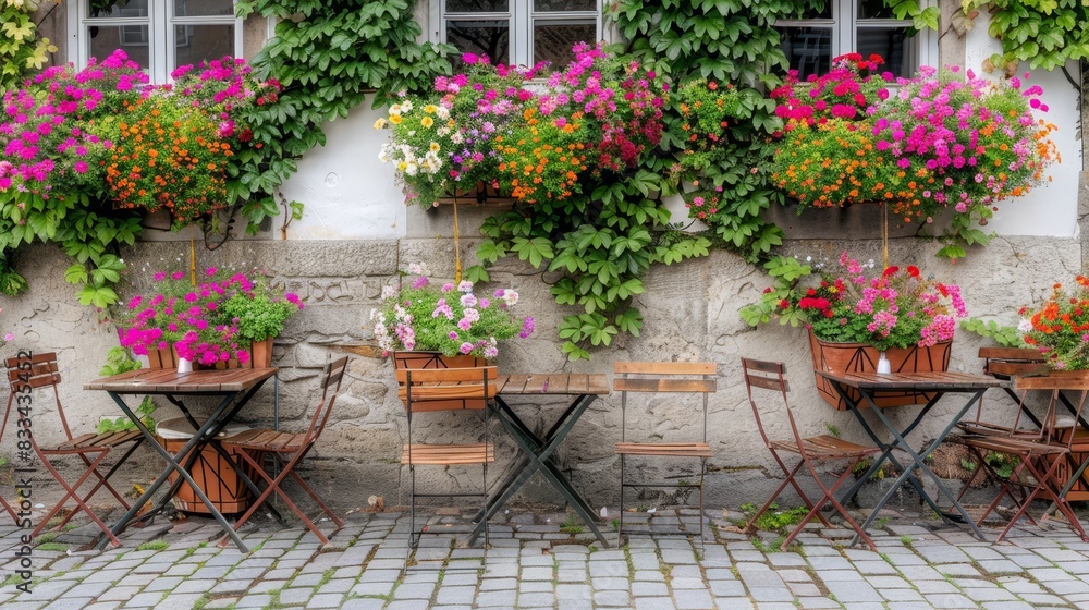 Photo of a charming outdoor café garden with wooden tables and chairs, decorated with colorful flowers in pots, surrounded by lush greenery.