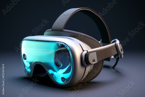 Sleek, modern vr headset with reflective surface and neon highlights, isolated on a dark backdrop