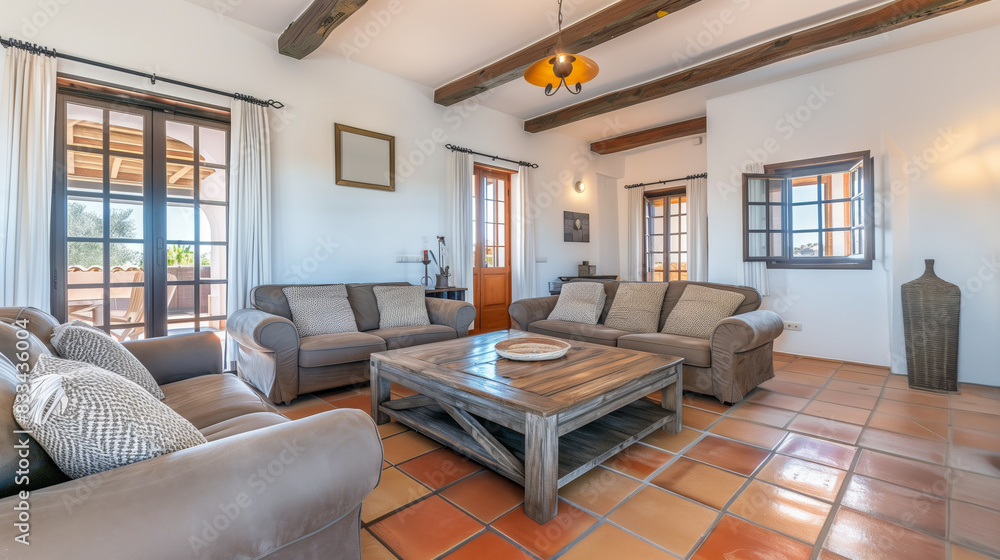 Fototapeta premium A spacious, well-lit living room with terracotta tiled flooring, wooden ceiling beams, large sofas, a wooden coffee table, and multiple windows offering a view of the outdoors