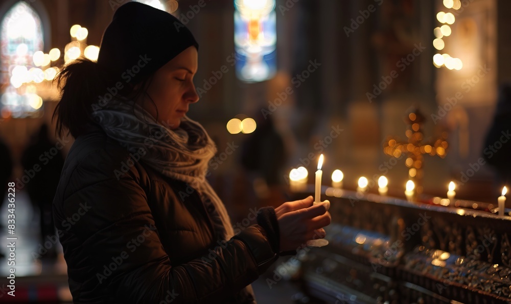 Side photo of a woman with a votive candle in the church. AI Side photo of a woman with a votive candle in the church. AI