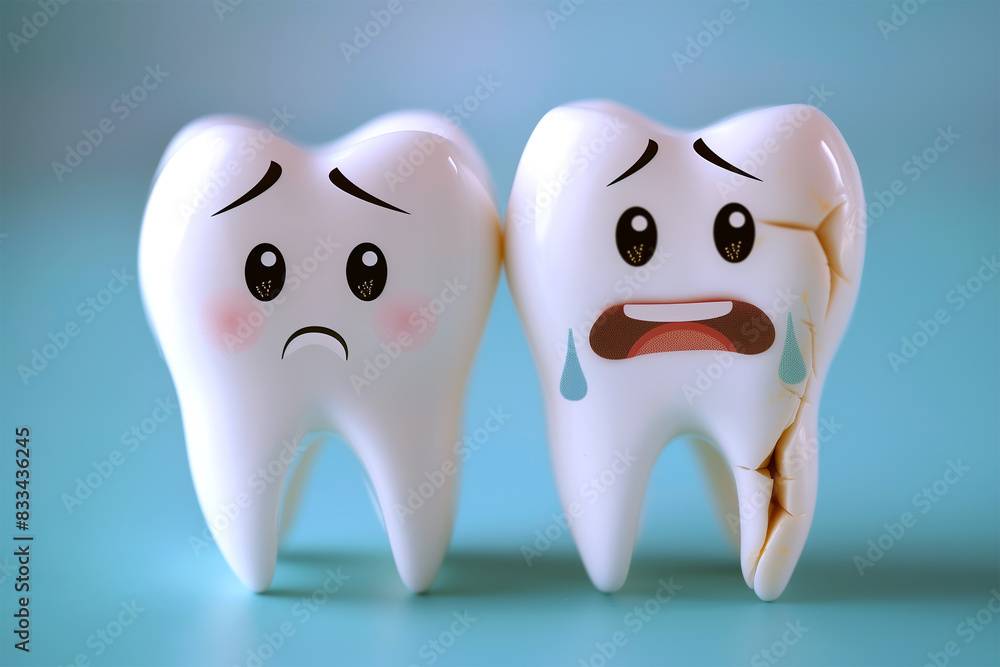 sad expressions tooth decay, cracked tooth cartoon character on a blue turquoise background sad expressions tooth decay, cracked tooth cartoon character on a blue turquoise background