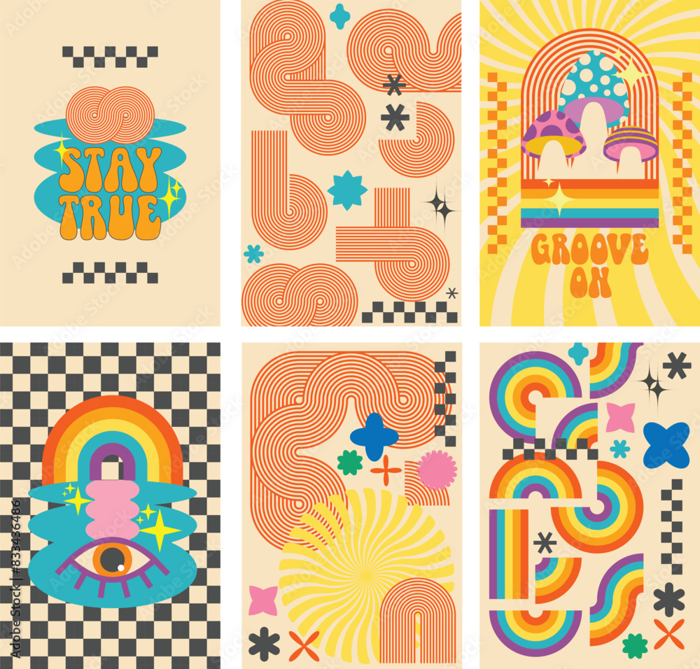 Retro groovy psychedelic shapes set