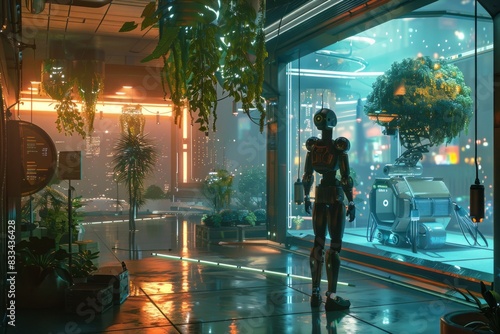 Human and AI Symbiosis in Advanced Urban Landscapes. Futuristic Background with Smart Robots and Androids. © DavidArts