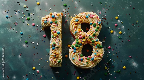 Top-down shot of a cake shaped as the number 18 photo
