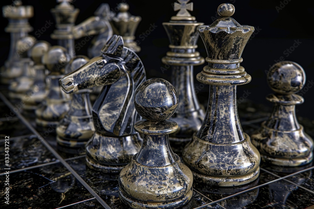 Close-up view of chess pieces on a board Close-up view of chess pieces on a board