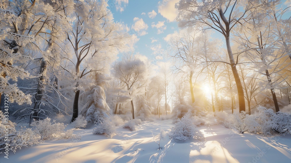 A serene and super realistic image of a snowy forest with a clear blue sky and sunlight filtering through the trees A serene and super realistic image of a snowy forest with a clear blue sky and sunlight filtering through the trees