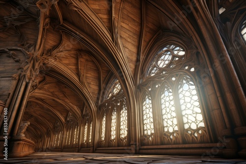 Breathtaking view of a gothic cathedral's arched windows and elaborate wooden vaults