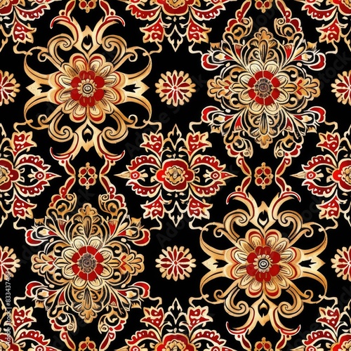 a image of a black and gold floral pattern with red accents