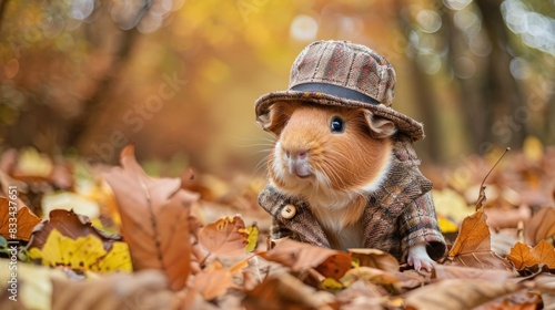 An Adorable Guinea Pig Dressed in a Tiny Tweed Hat and Jacket Poses on a Forest Floor Covered with Autumn Leaves  © Didikidiw61447