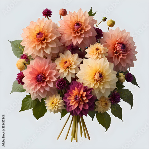set of dahlias flower with bouquet isolate on transparent white back ground