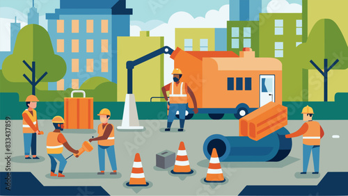 Tucked away in a busy city block a team of technicians works diligently to seal off a gas leak in a main pipeline that feeds a nearby apartment. Vector illustration