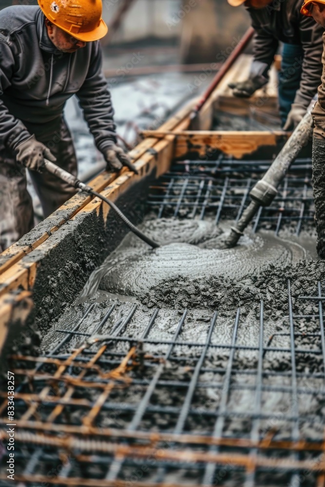 Workers on a building site pour concrete into a container