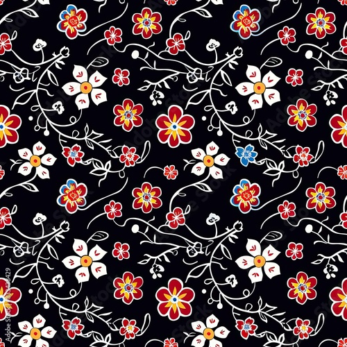 Wallpaper Mural a image of a black background with a pattern of red, white, and blue flowers Torontodigital.ca
