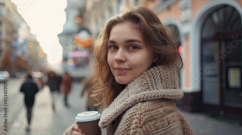 Wallpaper Mural Attractive young woman drinking coffee looking at camera. Torontodigital.ca