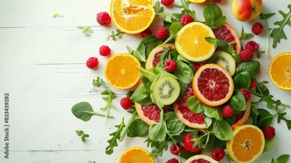 A vibrant dish of mixed fruits and greens laid out on a pristine white wooden surface, perfect for a healthy meal A vibrant dish of mixed fruits and greens laid out on a pristine white wooden surface, perfect for a healthy meal