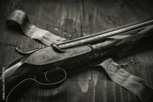 A firearm sits alongside a pair of scissors on a flat surface, awaiting use or inspection photo