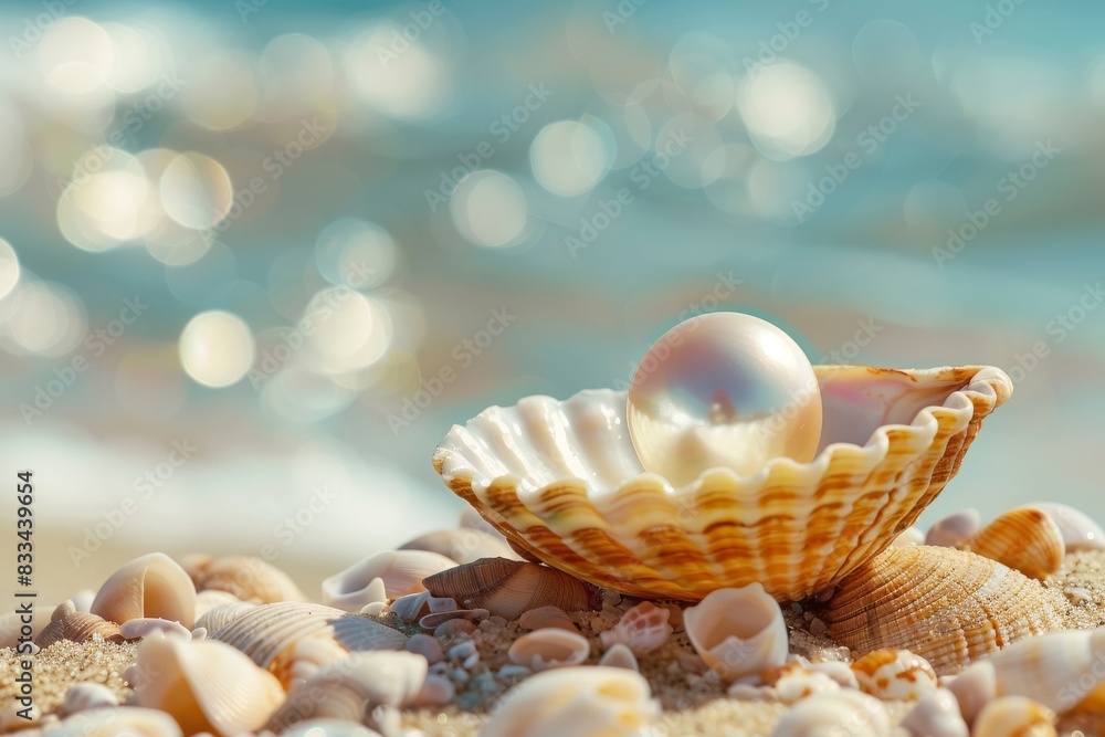 pearl in a shell, seashore in the background pearl in a shell, seashore in the background