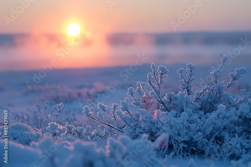 A frost-covered tundra under the soft light of the midnight sun