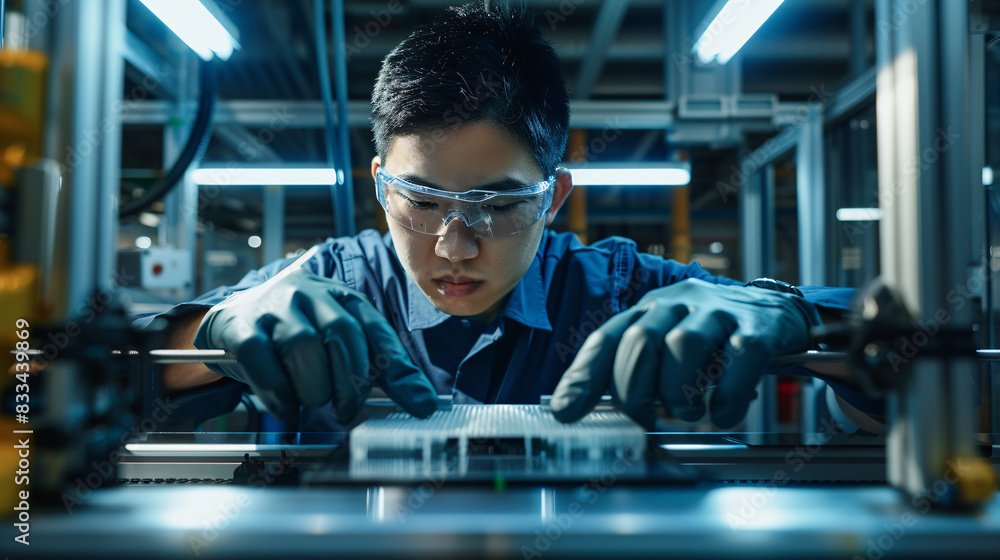 A man in a lab coat is wearing safety goggles and gloves as he works on a project. Concept of focus and precision, as the man carefully handles the equipment. Scene is serious and professional A man in a lab coat is wearing safety goggles and gloves as he works on a project. Concept of focus and precision, as the man carefully handles the equipment. Scene is serious and professional