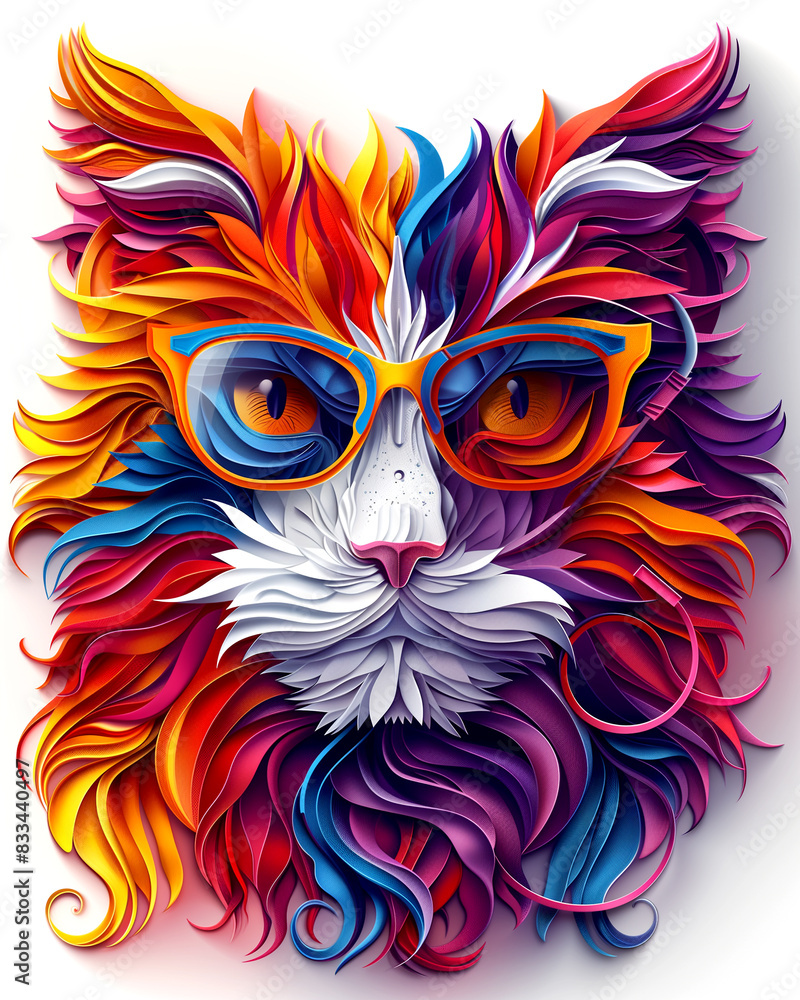 A colorful cat with a pair of glasses on its face. The cat's fur is wild and colorful, and it has a playful and fun appearance. The glasses give the cat a quirky and unique look A colorful cat with a pair of glasses on its face. The cat's fur is wild and colorful, and it has a playful and fun appearance. The glasses give the cat a quirky and unique look
