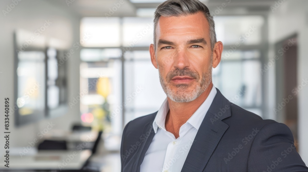 Portrait of a confident middle-aged businessman with gray hair and beard in a modern office. Leadership and wisdom concept. Portrait of a confident middle-aged businessman with gray hair and beard in a modern office. Leadership and wisdom concept.
