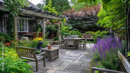 Enjoy a serene summer day in a beautifully maintained garden featuring a cozy patio, wooden furniture