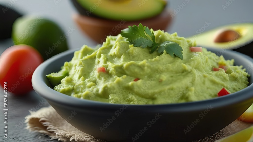 bowl of creamy guacamole garnished with fresh cilantro leaves. The smooth green dip is rich with avocado, flecked with red and white diced vegetables, creating a colorful and appetizing appearance bowl of creamy guacamole garnished with fresh cilantro leaves. The smooth green dip is rich with avocado, flecked with red and white diced vegetables, creating a colorful and appetizing appearance