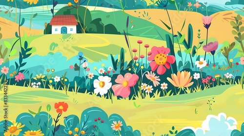 Countryside blooms flat design front view country theme animation vivid. Seamless Pattern  Fabric Pattern.
