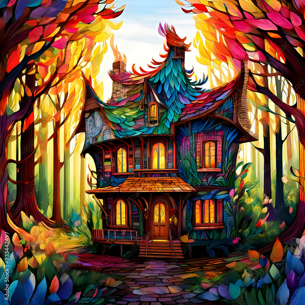 A detailed and whimsical illustration of a Dreamy house constructed entirely from soft, colorful feathers. A detailed and whimsical illustration of a Dreamy house constructed entirely from soft, colorful feathers.