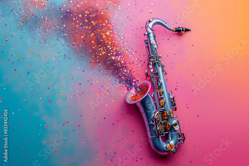 Wallpaper Mural A vibrant stock photo captures a saxophone blowing a cascade of glitters, with a vivid color palette of electric blues, radiant purples and pinks, and shimmering golds.
 Torontodigital.ca