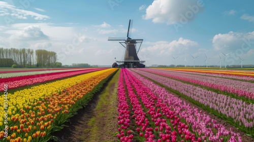A field of flowers with a windmill in the background