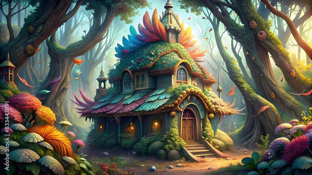 Fototapeta premium A detailed and whimsical illustration of a Dreamy house constructed entirely from soft, colorful feathers.