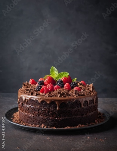 chocolate cake with strawberries and currants