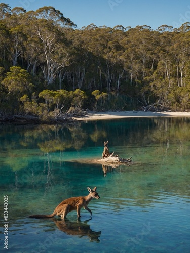 Kangaroo captured mid-step in clear, shallow water. Surrounding landscape serene, with dense forest of tall trees with light-colored trunks, green foliage stretching across image.