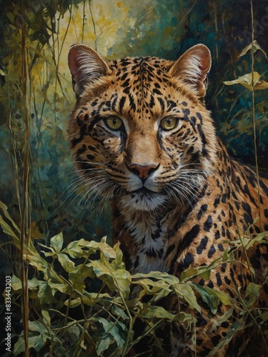 Leopard depicted amidst dense foliage background. Direct gaze of leopard captured, showcasing sharp features, vibrant coat patterns. Painting captures intricate details of fur, spots, intense eyes.