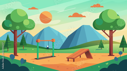 Dotted with towering trees and rolling hills this VR calisthenics park provides the perfect backdrop for a refreshing outdoor workout.. Vector illustration