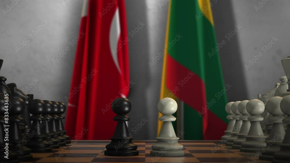 Lithuania and Turkey National Flags with Chess Board Animation. Politics of Government or Conflict Lithuania and Turkey National Flags with Chess Board Animation. Politics of Government or Conflict