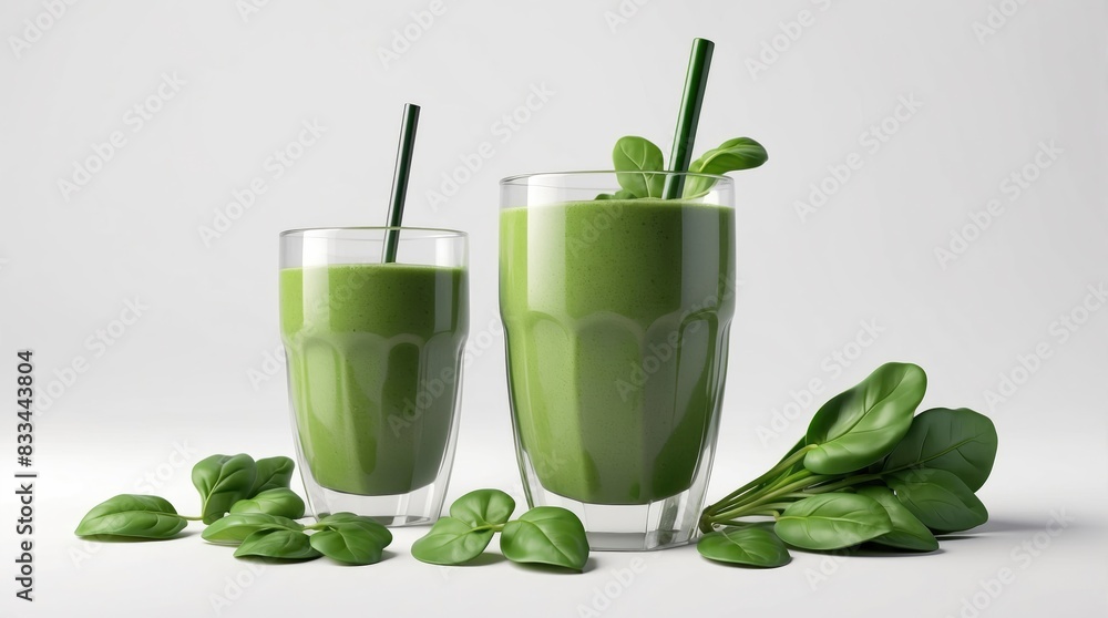 Healthy spinach smoothie in a glass, garnished with fresh spinach leaves, on a white background. Healthy spinach smoothie in a glass, garnished with fresh spinach leaves, on a white background.