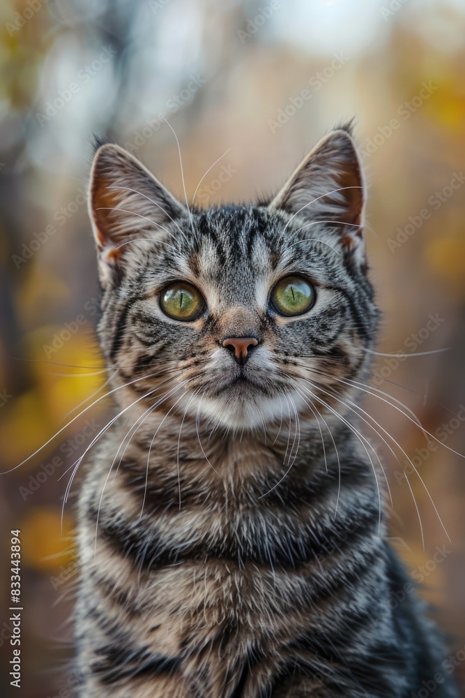A clear view of a domestic cat's face, with bright green eyes A clear view of a domestic cat's face, with bright green eyes