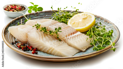 Plate with raw cod fish, spices, microgreens and lemon on table, closeup isolated on white background, realistic, png

