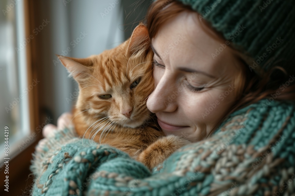 Woman Embracing Pet Cat in Home Setting Woman Embracing Pet Cat in Home Setting