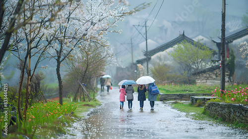 Qingming Festival, rain, return home, visit relatives, visit, rural areas, willow leaves, osmanthus fragrans, farmland, countryside, Hongcun, Jiangnan, family, family, umbrella, spr