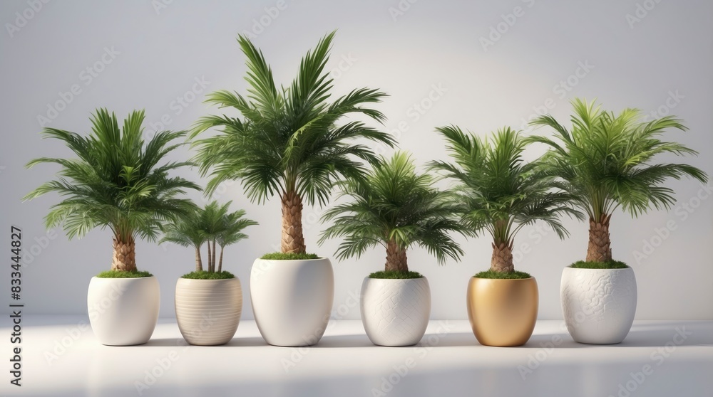 Fototapeta premium Miniature palm trees planted in a ceramic pot, ideal for tabletops or small spaces
