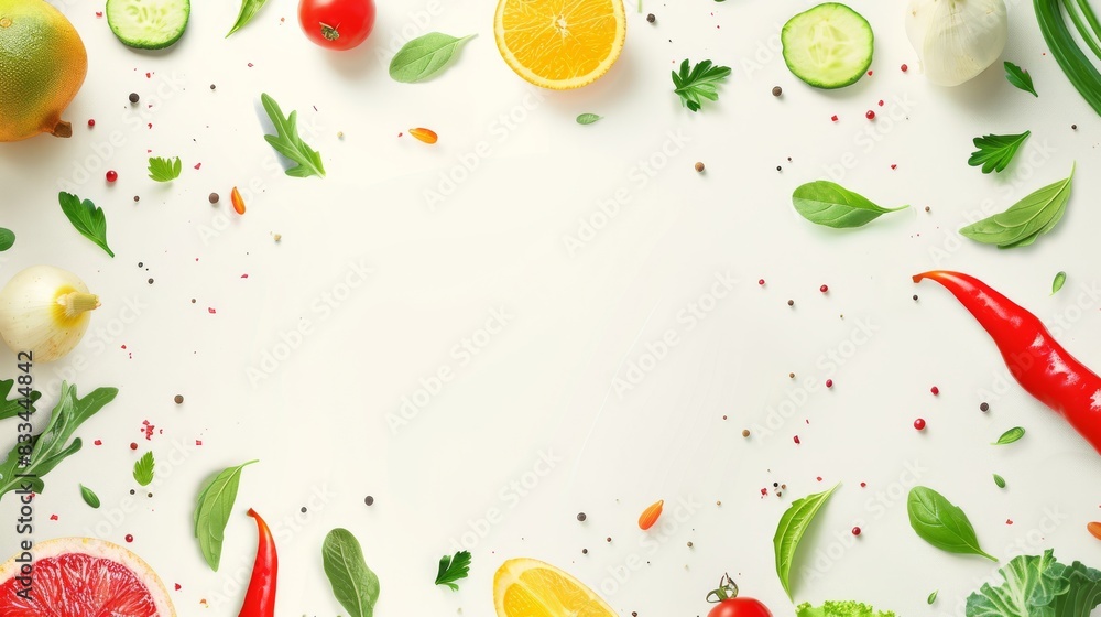 fresh fruits and vegetables on a white background, food background, copy space, place for text fresh fruits and vegetables on a white background, food background, copy space, place for text