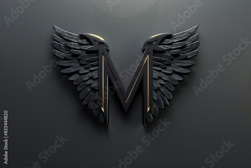 A stylized letter M with winged design in black and gold colors photo