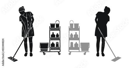 Cleaning lady with mop and cart for cleaning the premises, black silhouette