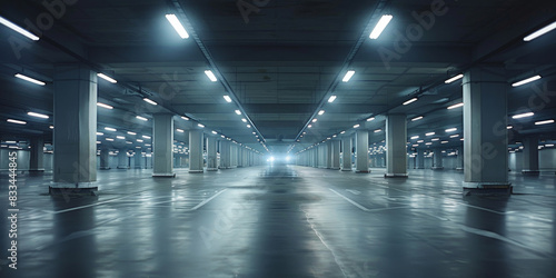  Empty underground parking garage with bright lights and smooth reflective floor, creating a clean and modern urban environment with a sense of spaciousness