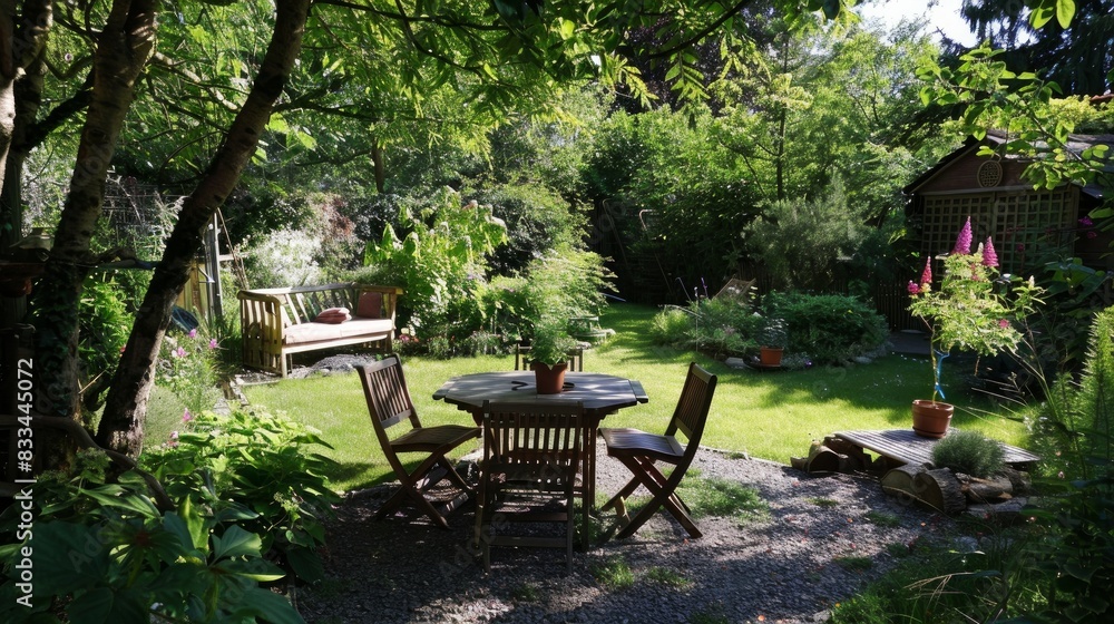 Enjoy a serene summer day in a beautifully maintained garden featuring a cozy patio, wooden furniture Enjoy a serene summer day in a beautifully maintained garden featuring a cozy patio, wooden furniture