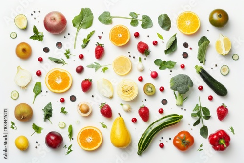 fresh fruits and vegetables on a white background, food background, copy space, place for text