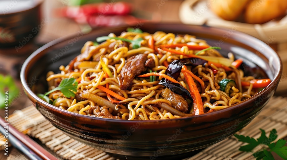 a delectable wok stir-fry bursting with noodles, eggplant, fried zucchini, carrot, soy sauce, and the bold flavors of Bulgarian pepper. a delectable wok stir-fry bursting with noodles, eggplant, fried zucchini, carrot, soy sauce, and the bold flavors of Bulgarian pepper.